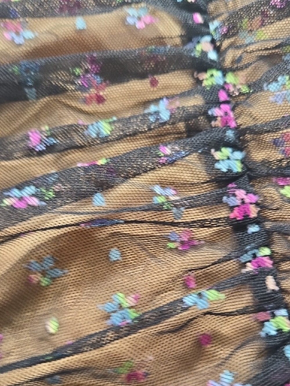 Blue Blush Black Sheer Ruched Mini Dress with Pink & Blue Floral Embroidery - Picture 5 of 7